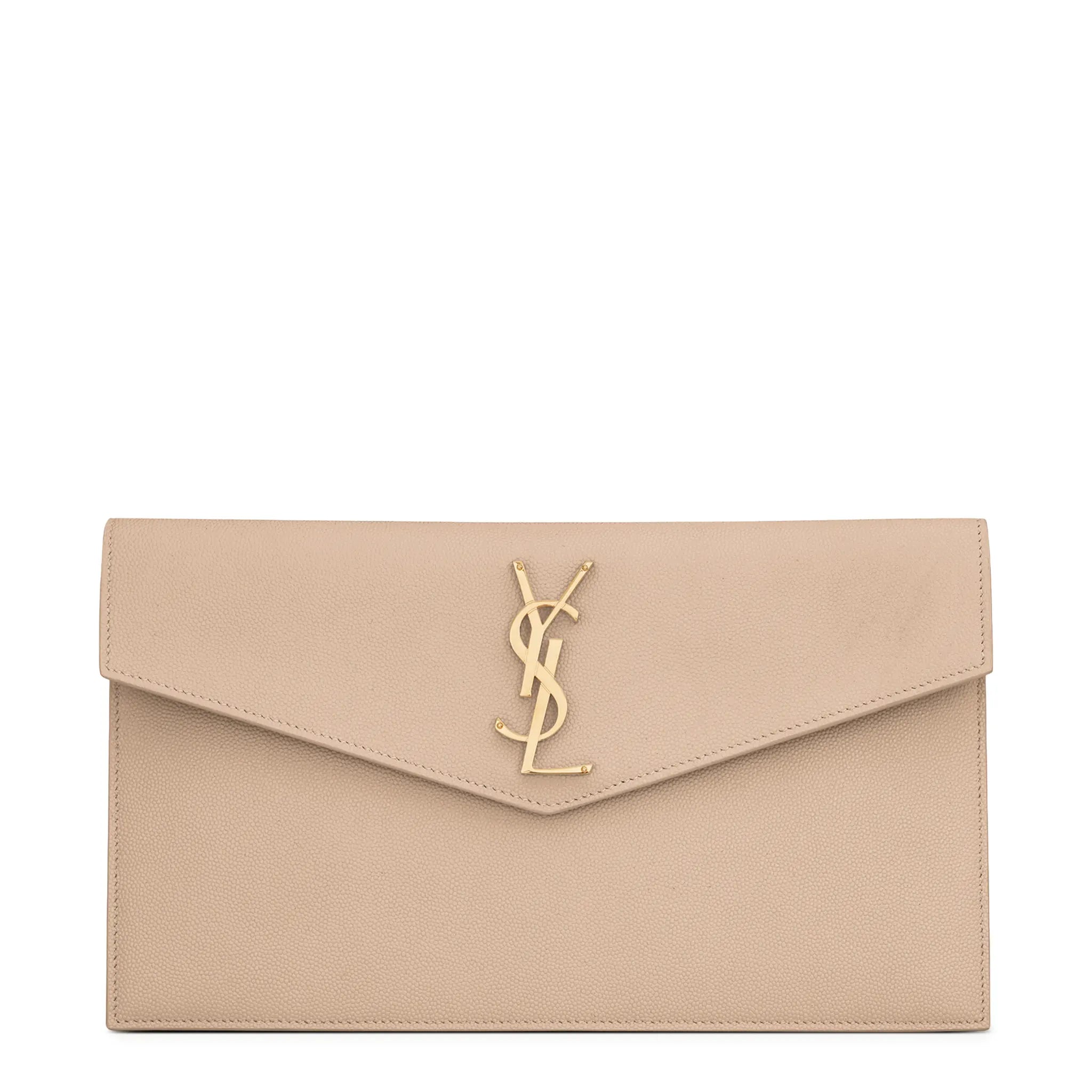 Front View of Saint Laurent Uptown Grain De Poudre Leather Dark Beige Pouch 5657391GF0J2721